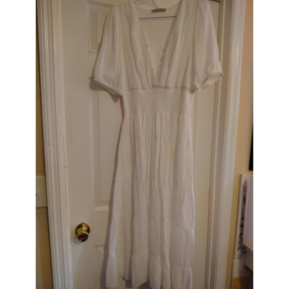 CAbi Women's White Solid Maxi Dress V-Neck Short Sleeve Button Front Smocked